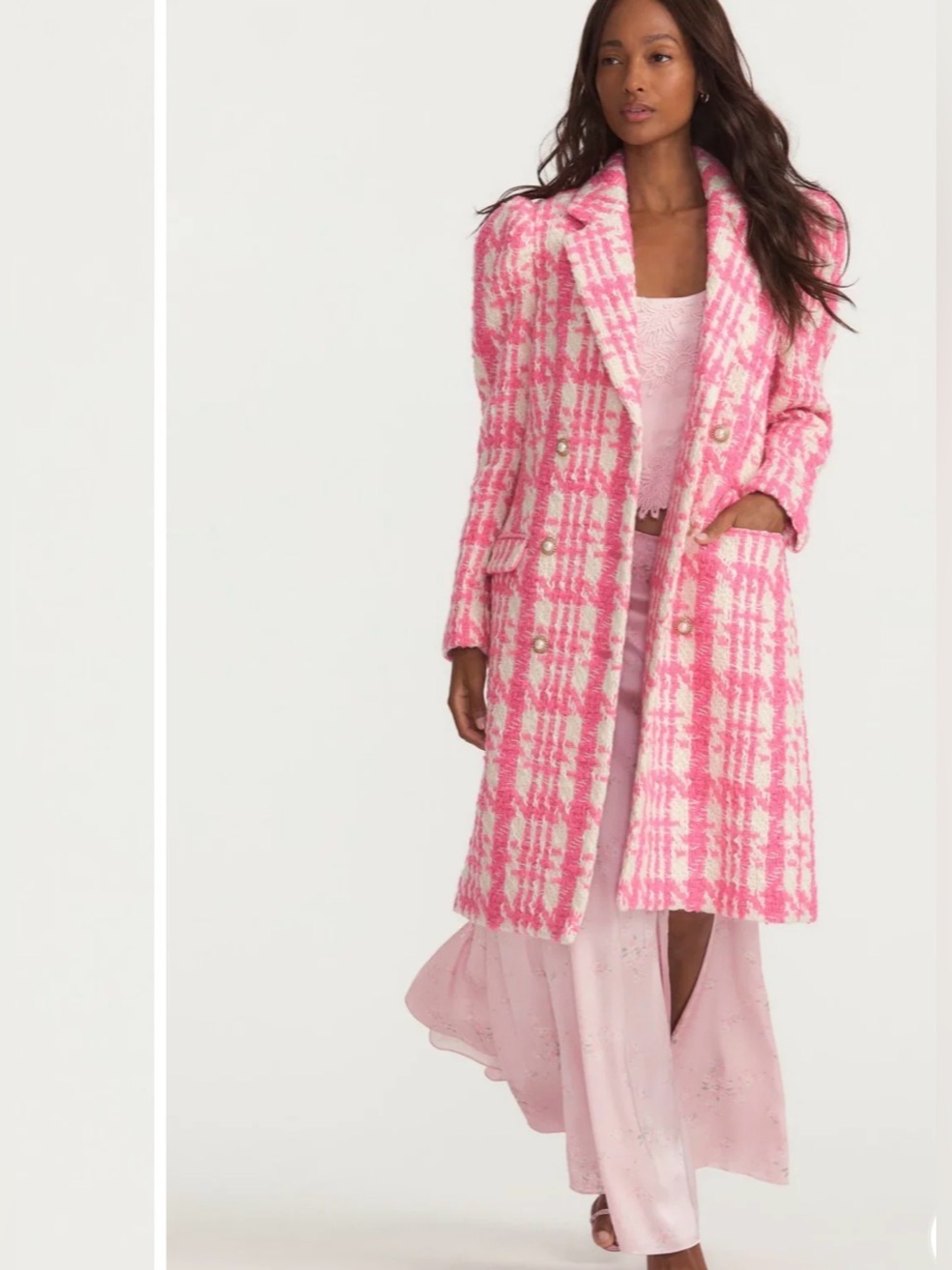 LoveShackFancy Pink & Cream Tweed Double-Breasted Coat with Pearl Buttons - Sz S